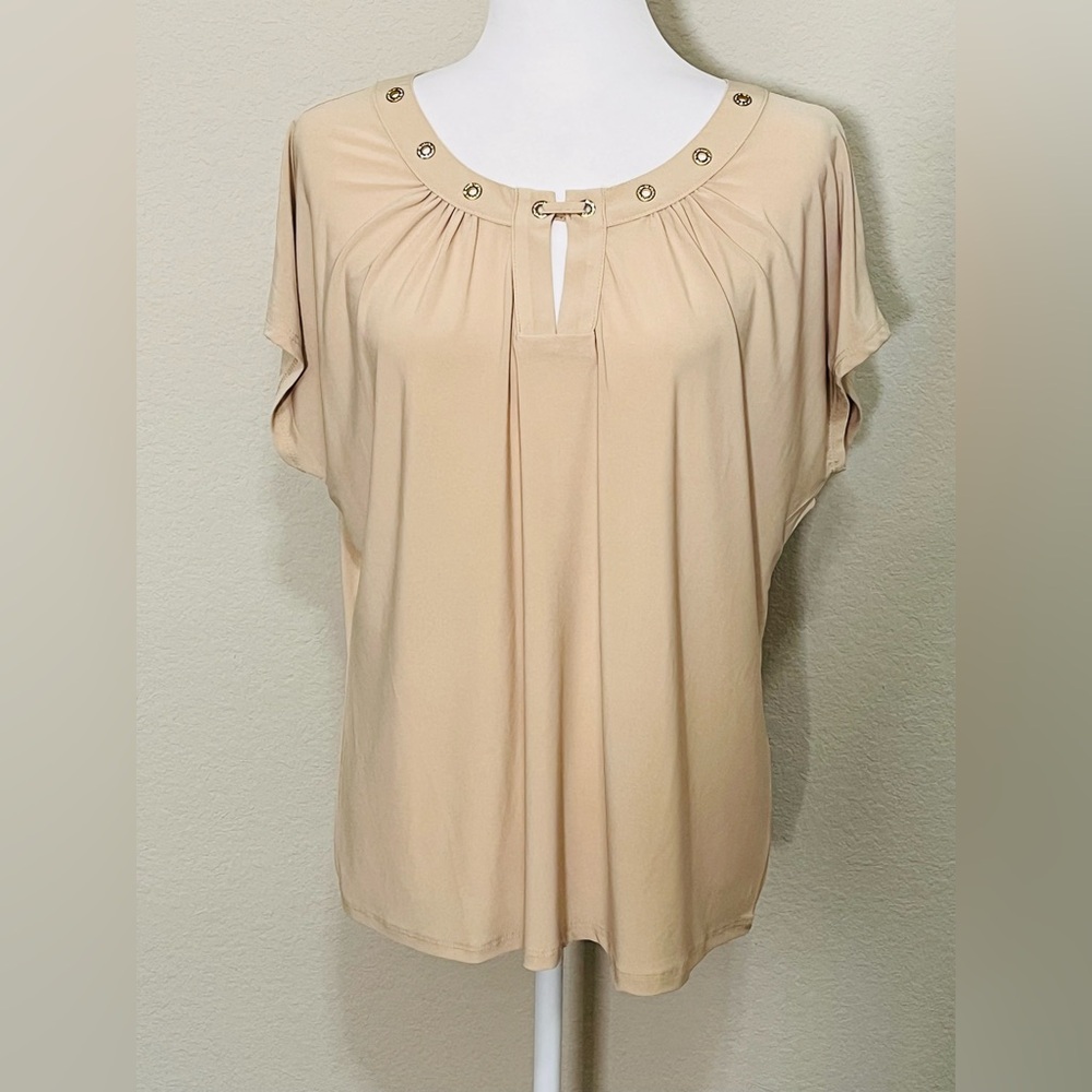NY Collection Cream Flutter Sleeve Rhinestone Embellished Blouse Size Petite XL